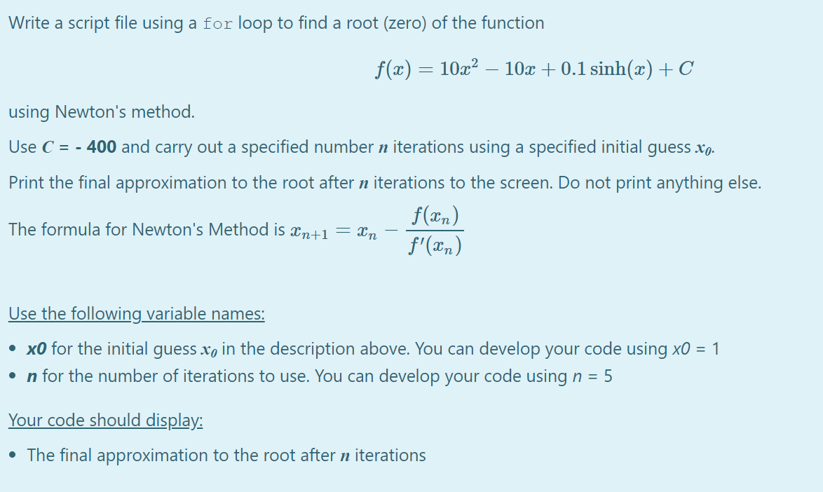 Solved Write a script file using a for loop to find a root | Chegg.com