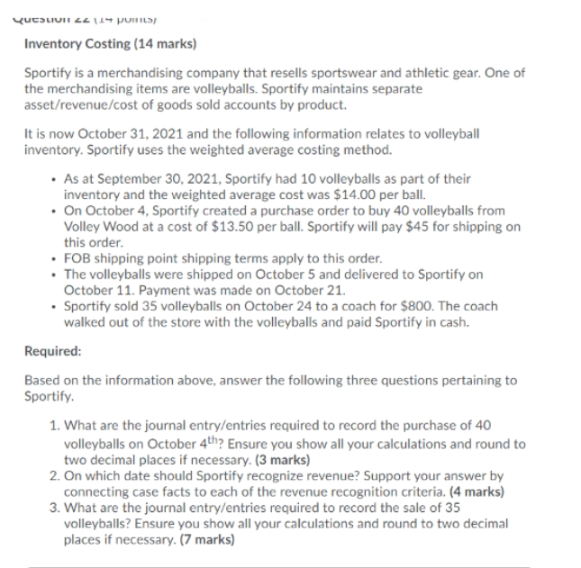 Solved QUELIUI L11 POILS) Inventory Costing (14 marks)
