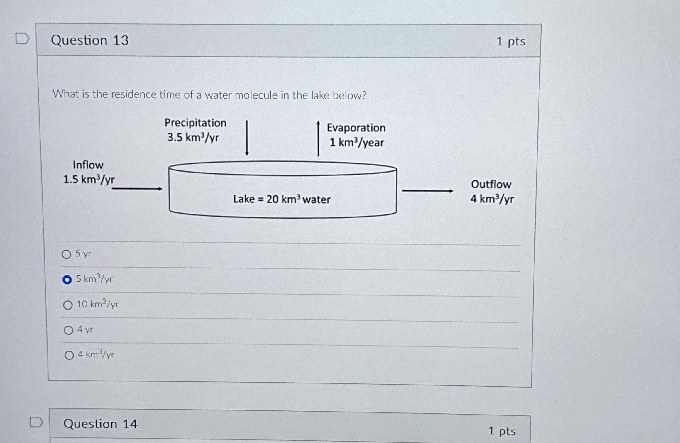 Solved Question 13What is the residence time of a water | Chegg.com