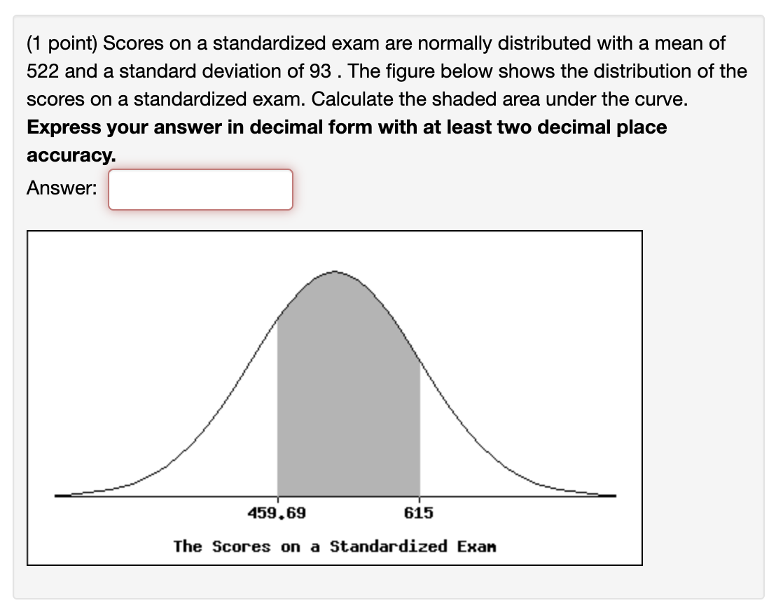 Solved (1 ﻿point) ﻿Scores on a standardized exam are | Chegg.com