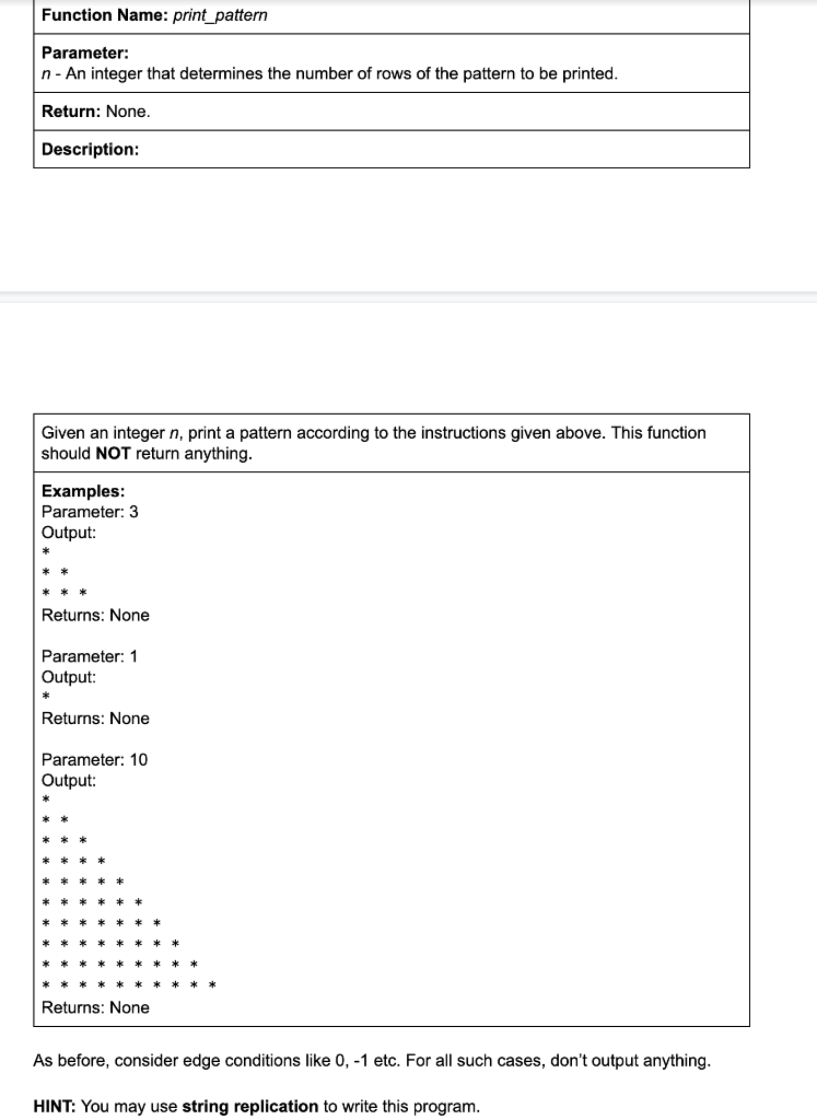 print the following pattern using function in python (... Solved Function Name: print_pattern Parameter: n-An integer | Chegg.com