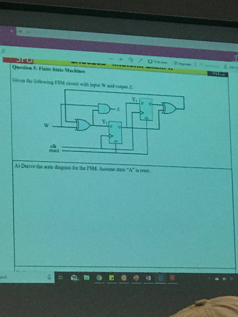 Question 5: Finite State Machines Given the following FSM circuit with inpul Wand output clk reset A) Derive the state diagra