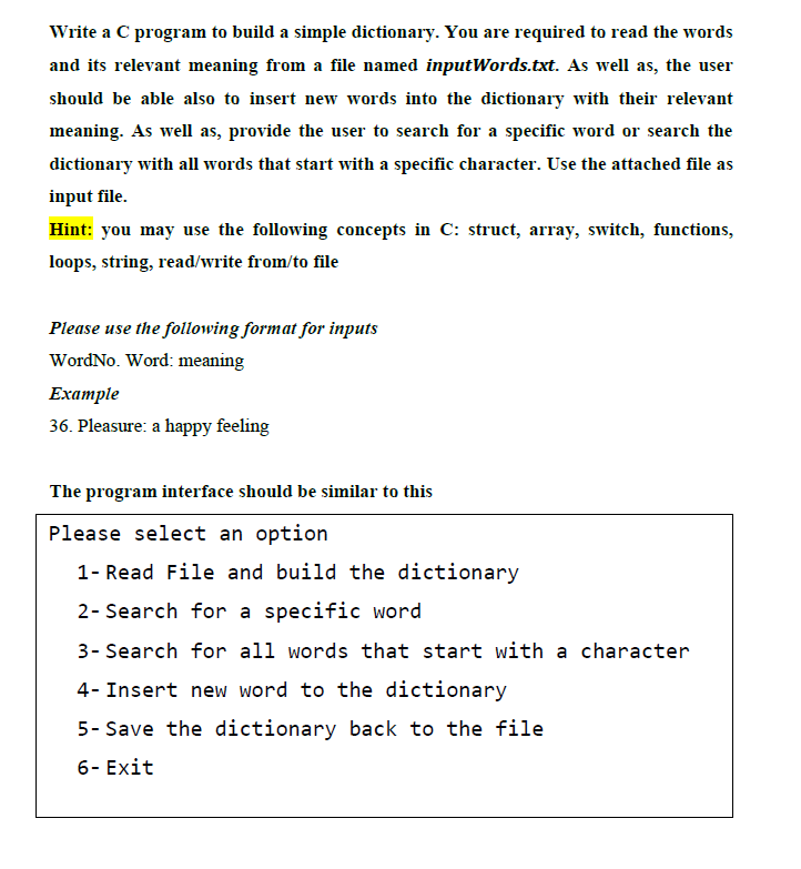 Solved Write a C program to build a simple dictionary. You | Chegg.com