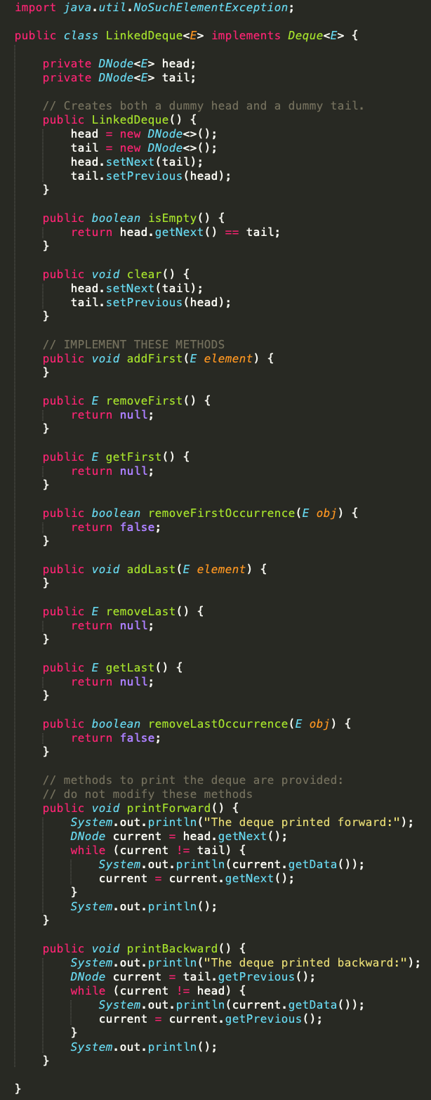 Solved Using Java Implement Deque Using A Doubly-linked List | Chegg.com