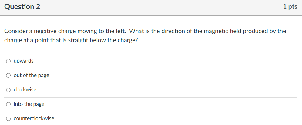 Solved Question 2 1 pts Consider a negative charge moving to | Chegg.com