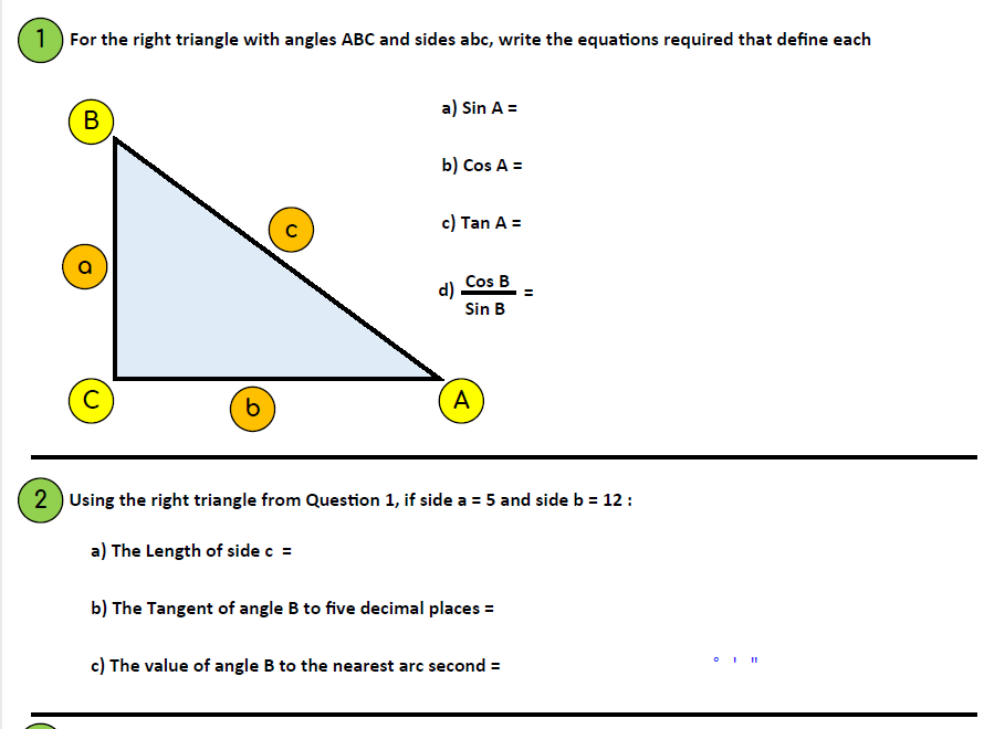 Solved 1 For the right triangle with angles ABC and sides Chegg