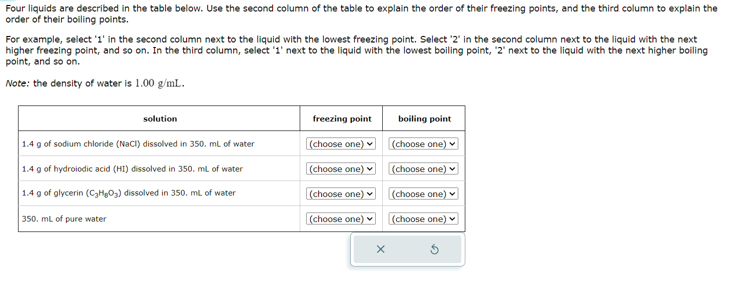 Four liquids are described in the table below. Use | Chegg.com