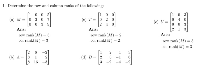 Solved 1. Determine the row and column ranks of the | Chegg.com
