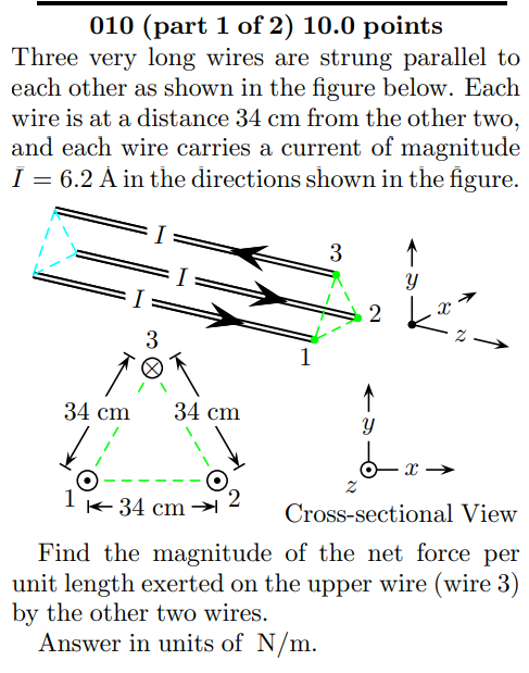 Solved 010 (part 1 of 2 ) 10.0 points Three very long wires | Chegg.com