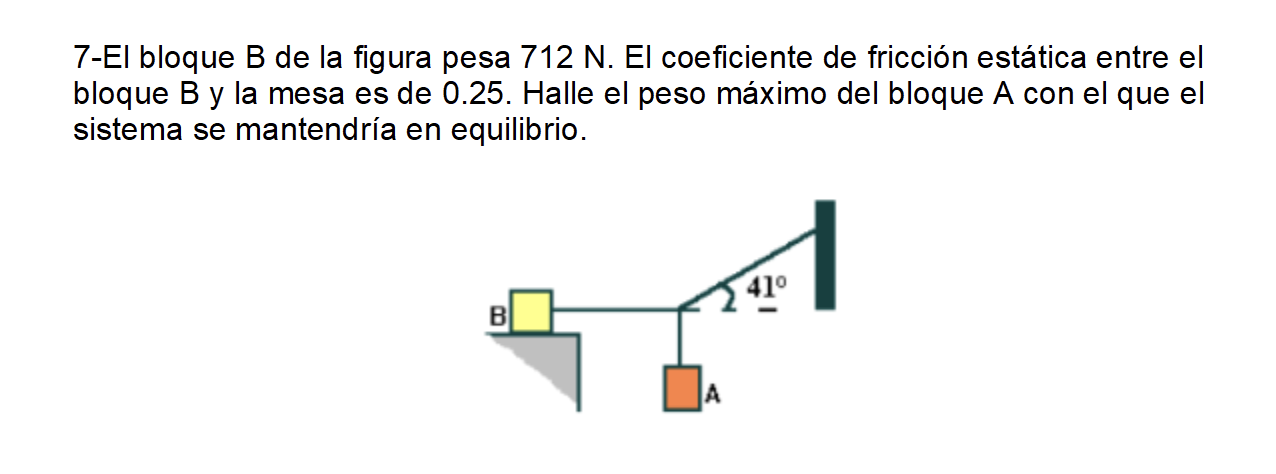 7-El bloque B de la figura pesa \( 712 \mathrm{~N} \). El coeficiente de fricción estática entre el bloque \( B \) y la mesa