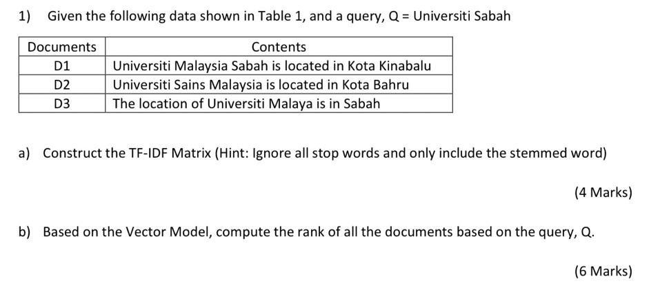 Solved 1) Given The Following Data Shown In Table 1 , And A | Chegg.com