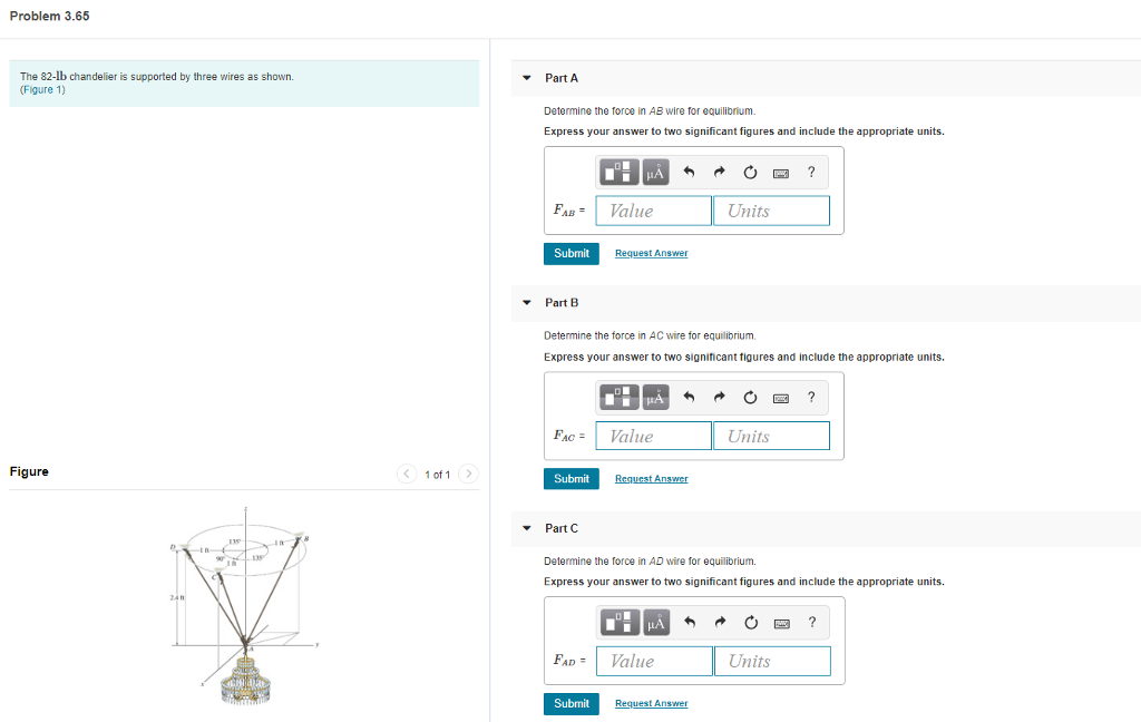 Solved Problem 3.65 The 82-lb chandelier is supported by | Chegg.com