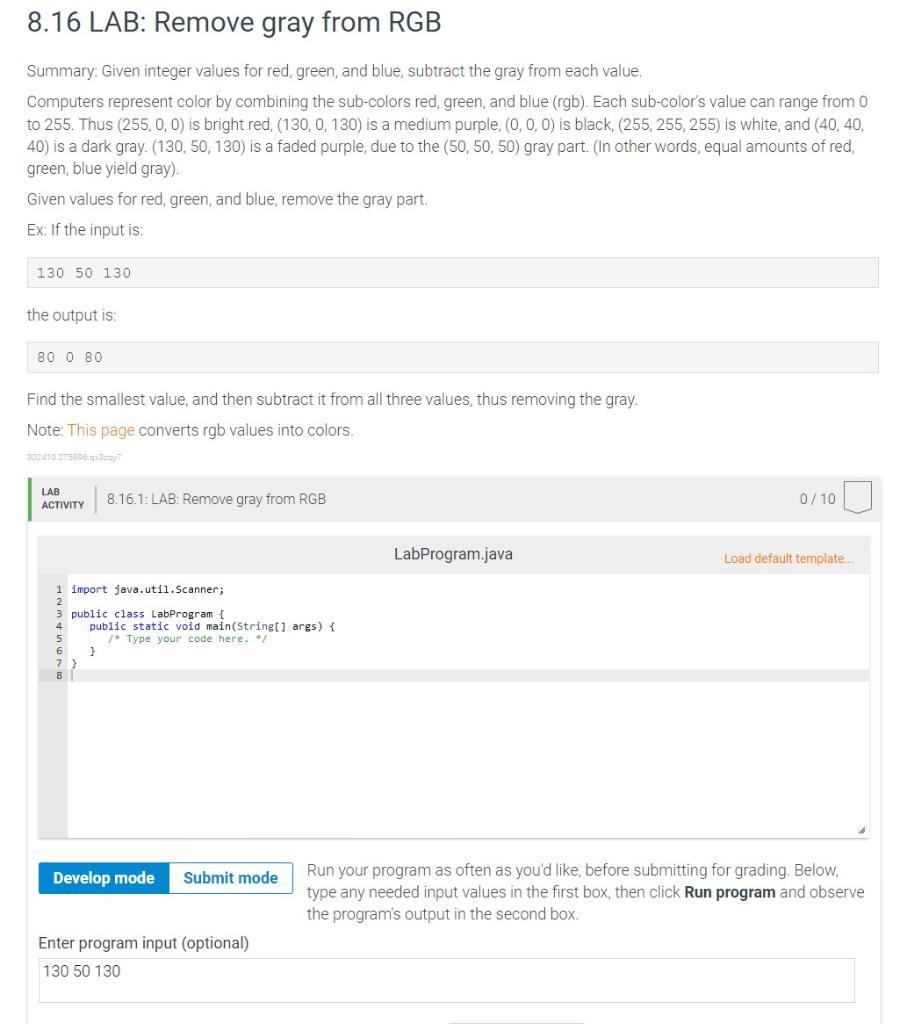 Solved 8 16 Lab Remove Gray From Rgb Summary Given Inte Chegg Com