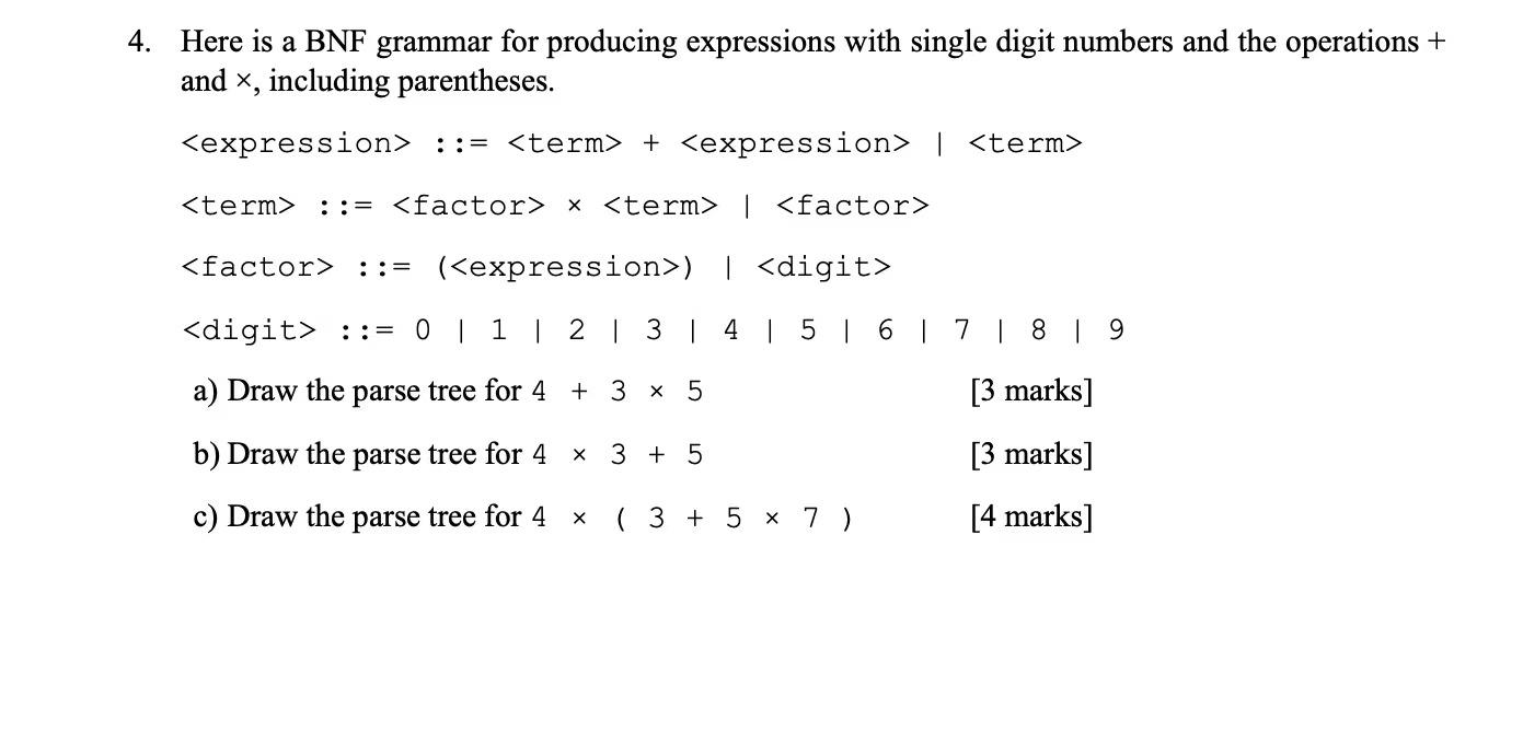 Solved 4. Here is a BNF grammar for producing expressions | Chegg.com