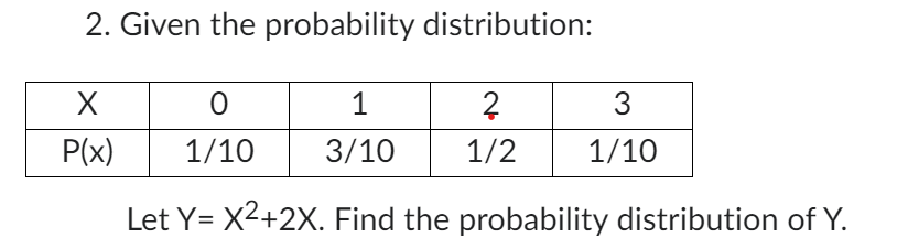 Solved 2. Given the probability distribution: Let Y=X2+2X. | Chegg.com