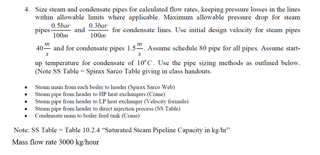 4. Size steam and condensate pipes for calculated