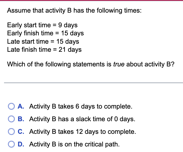 Solved Assume that activity B has the following times: Early | Chegg.com