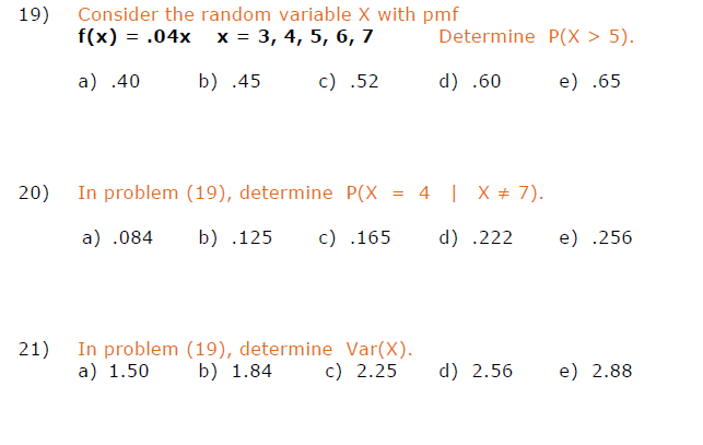 Solved 19) Consider the random variable X with pmf f(x)-.04x | Chegg.com