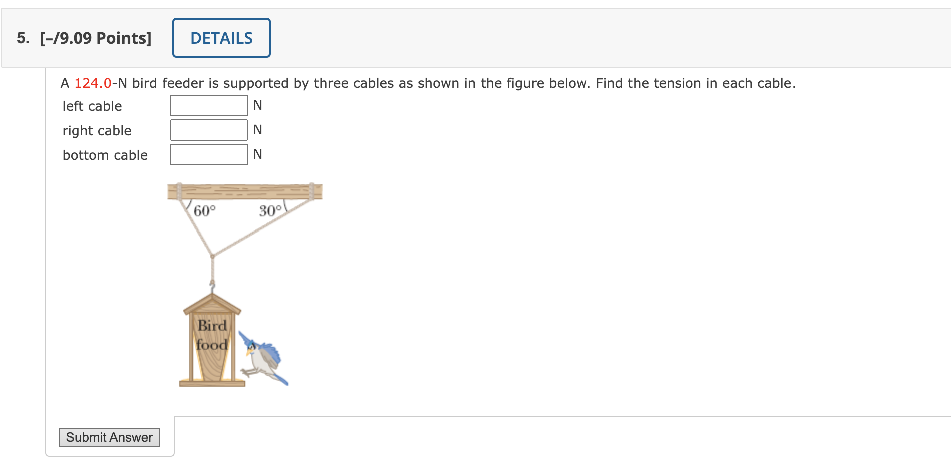 Solved A 124.0−N bird feeder is supported by three cables as