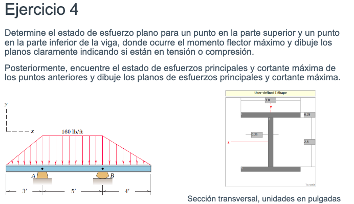 Determine el estado de esfuerzo plano para un punto en la parte superior y un punto en la parte inferior de la viga, donde oc