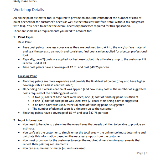 Solved Workshop Details An online paint estimator tool is Chegg