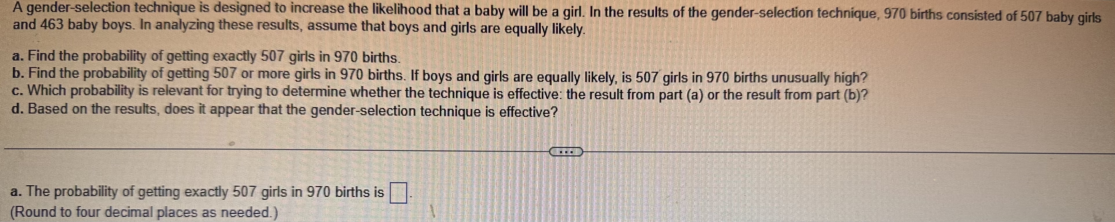 Solved A gender-selection technique is designed to increase | Chegg.com