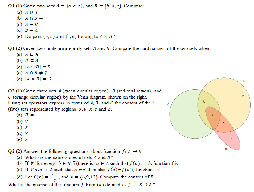 Solved = Q1 (1) Given Two Sets: A = {a,c, E), And B = {b, D, | Chegg.com