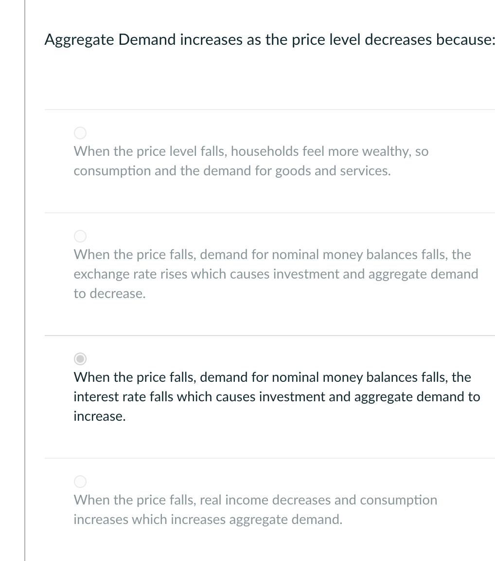 Solved Aggregate Demand increases as the price level | Chegg.com