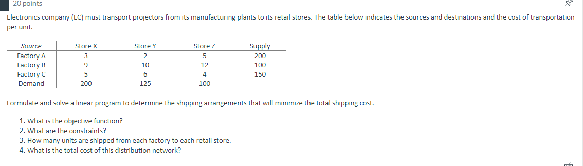 Solved Electronics company (EC) must transport projectors | Chegg.com