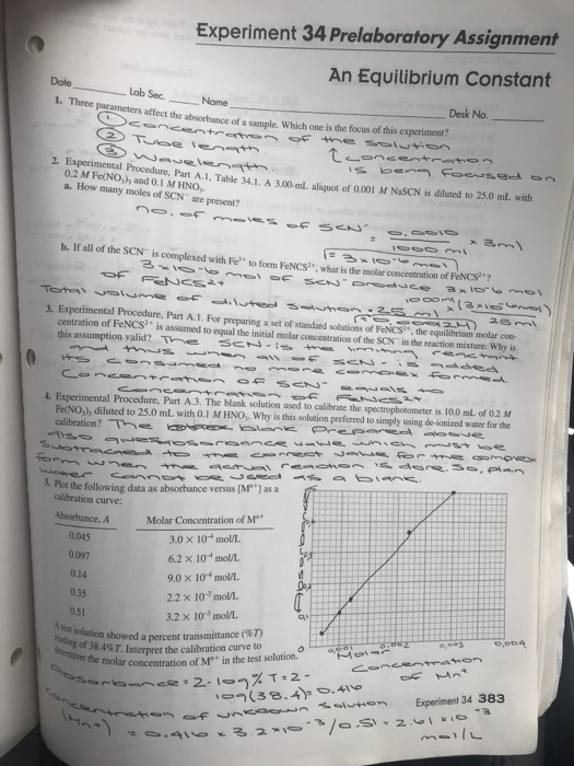 experiment 34 an equilibrium constant pre lab answers