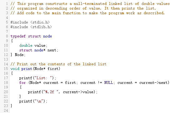 Solved 1 // This program constructs a null-terminated linked | Chegg.com