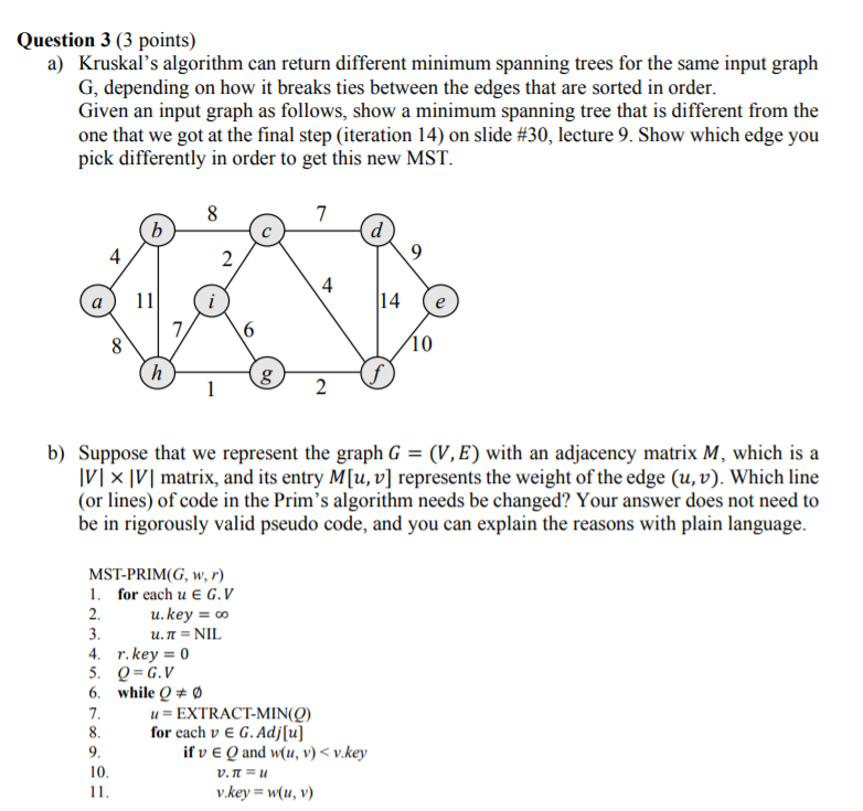 Solved Question 3 (3 Points) A) Kruskal's Algorithm Can | Chegg.com