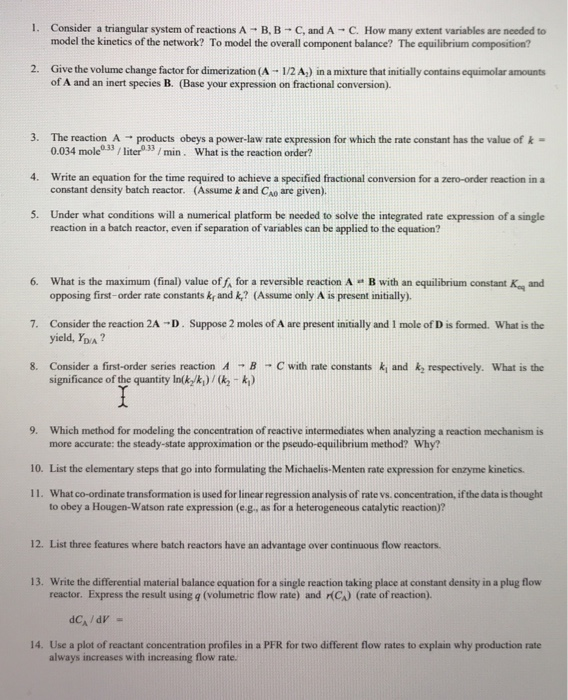 Solved 1. Consider a triangular system of reactions A - B, B | Chegg.com