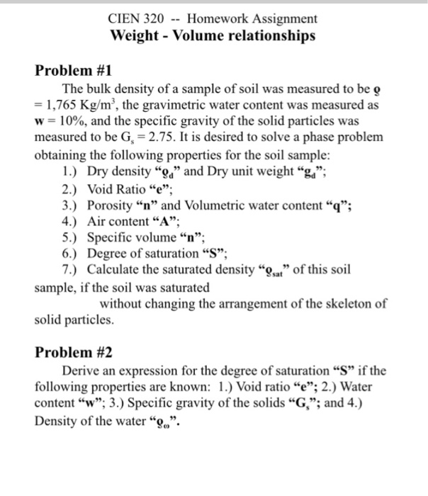 Solved CIEN 320Homework Assignment Weight - Volume | Chegg.com