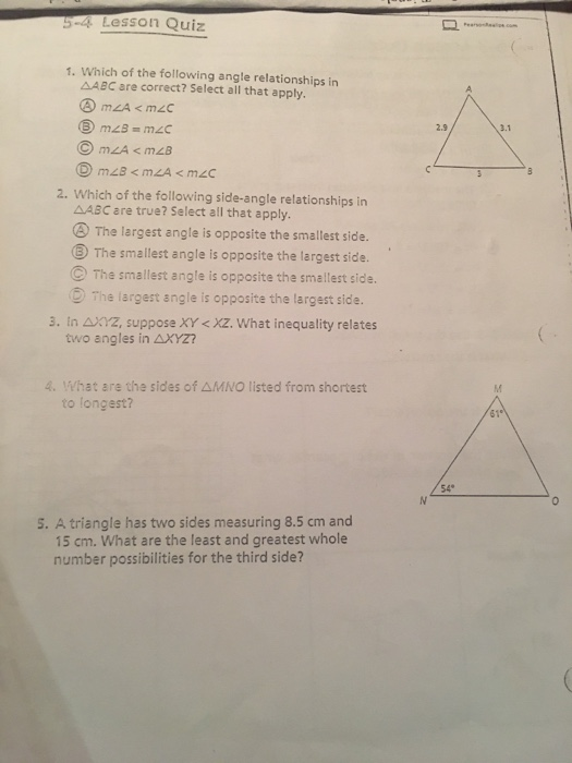 Solved 5-4 Lesson Quiz 1. Which of the following angle | Chegg.com