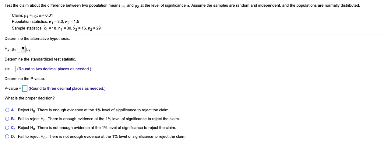 Solved Test the claim about the difference between two | Chegg.com