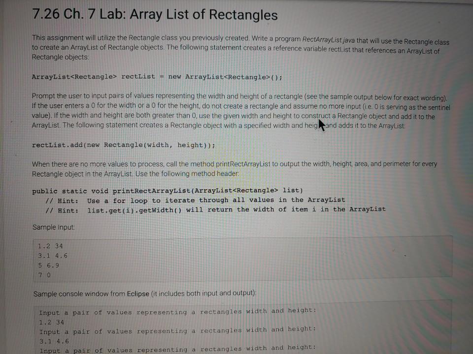 Solved 7.26 Ch.7 Lab: Array List of Rectangles This | Chegg.com