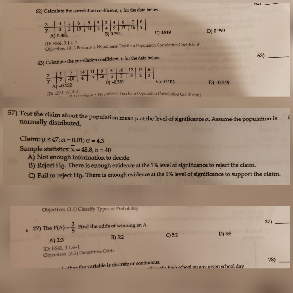 Solved 64) 62) Calculate the correlation coefficient, r, for | Chegg.com