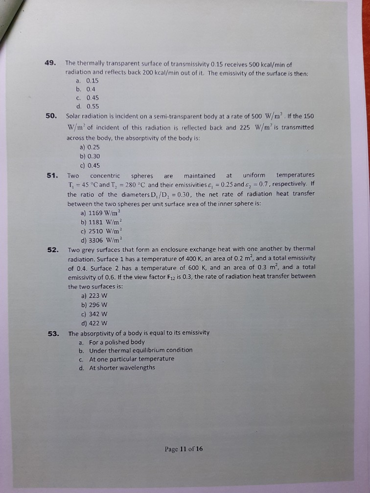 Solved 49. 50. 51. The thermally transparent surface of | Chegg.com