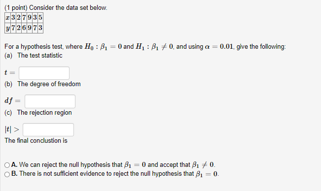 Solved (1 point) Consider the data set below. 232 7935 y 7 2 | Chegg.com