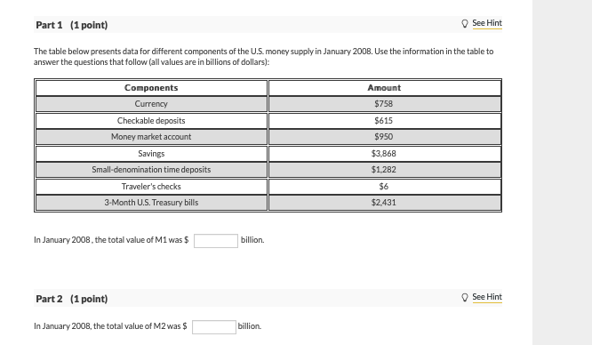 Solved Part 1 (1 point) See Hint The table below presents | Chegg.com