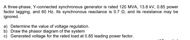 Solved A three-phase, Y-connected synchronous generator is | Chegg.com