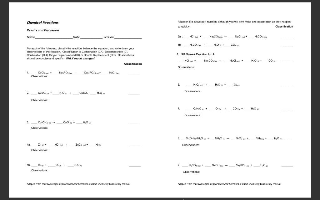 Solved Chemical Reactions Reaction 5 Is A Two-part Reaction, 