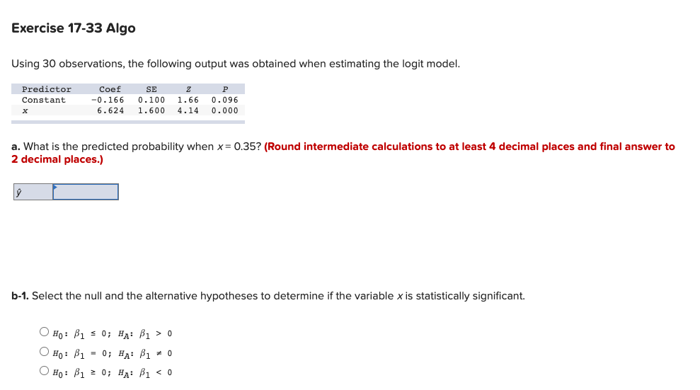 Solved Exercise 17-33 Algo Using 30 observations, the | Chegg.com