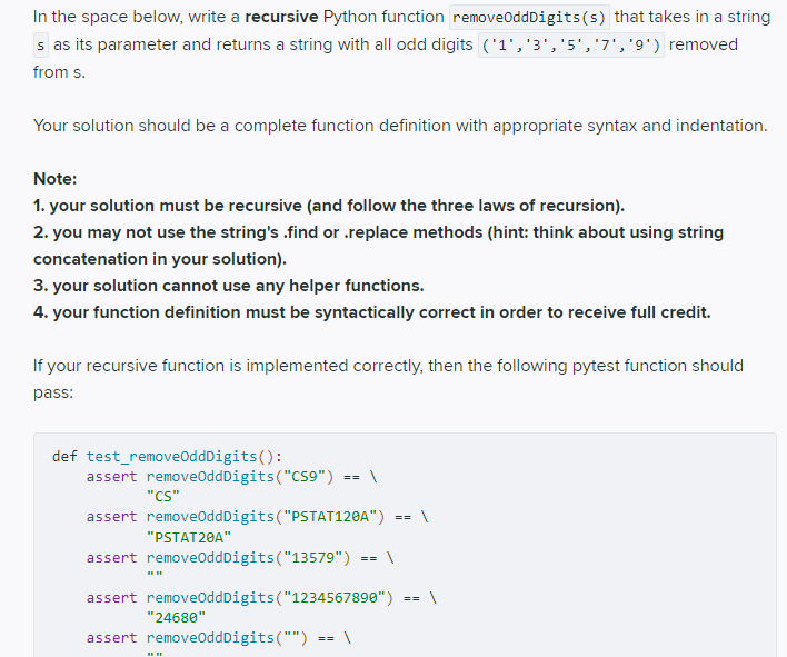 Solved In the space below, write a recursive Python function | Chegg.com image.