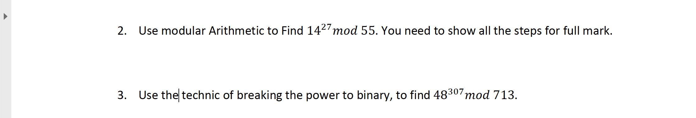 Solved 2. Use modular Arithmetic to Find 1427 mod 55. You | Chegg.com