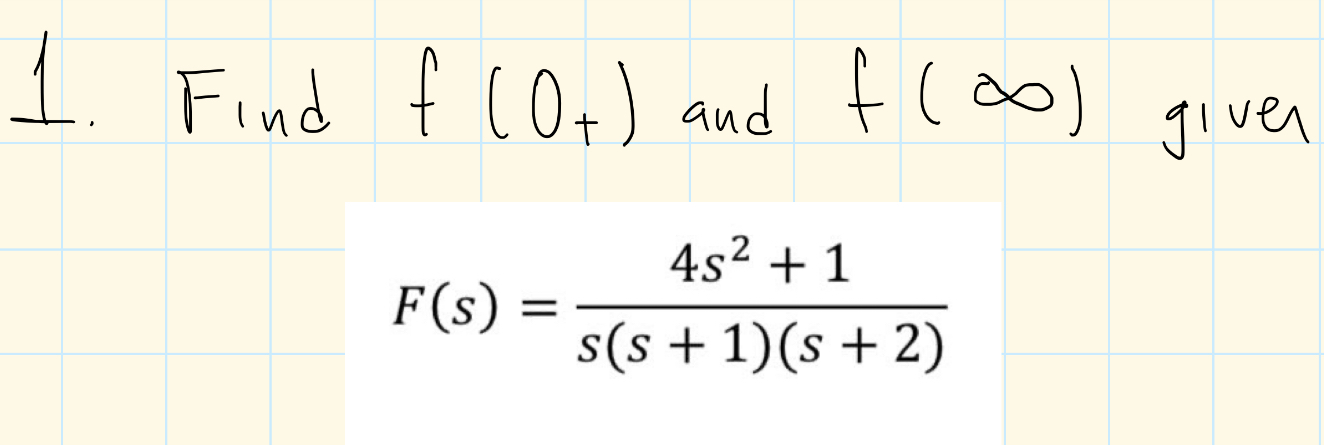 Solved 1. Find f(0+)and f(∞) given F(s)=s(s+1)(s+2)4s2+1 | Chegg.com