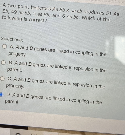 Solved A Two-point Testcross Aa Bb X Aa Bb Produces 51 Aa | Chegg.com