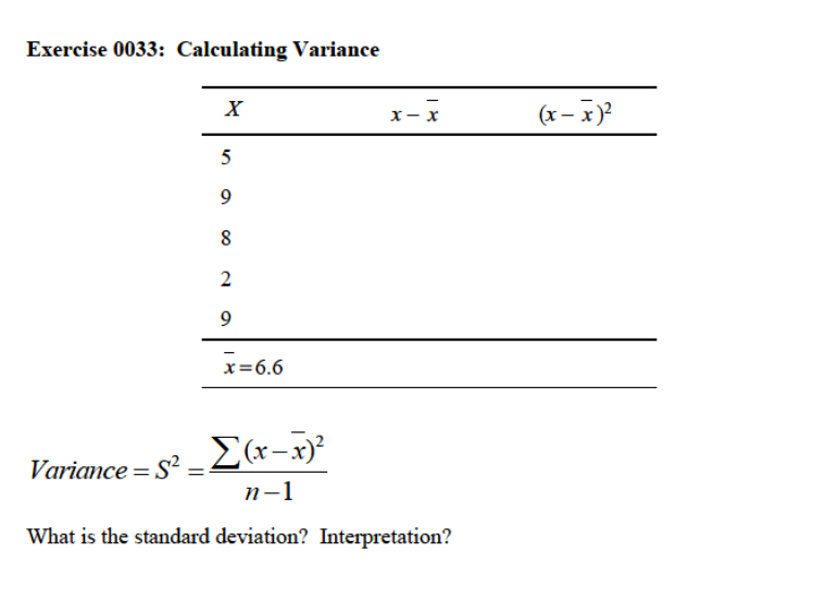 Solved Exercise 0033: Calculating Variance X x-x (x - 2)2 5 | Chegg.com