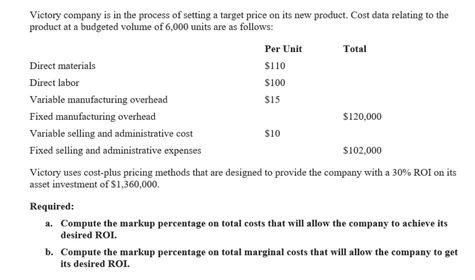 Solved Victory company is in the process of setting a target | Chegg.com